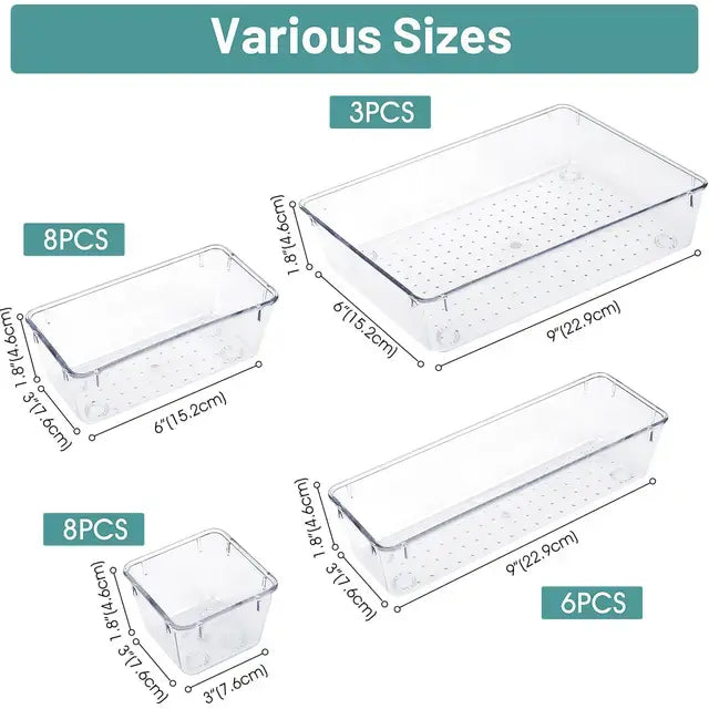 25-Piece Clear Plastic Drawer Organizer Set - Customizable & Versatile