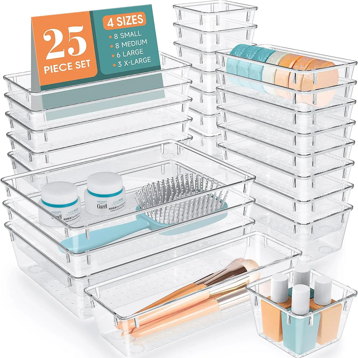 25-Piece Clear Plastic Drawer Organizer Set - Customizable & Versatile