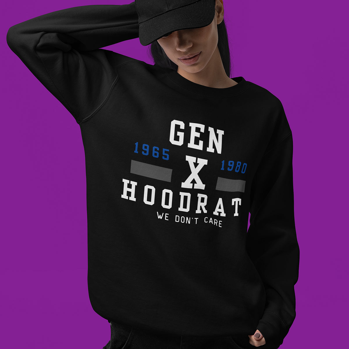 Black Gen X Hood Rat Sweatshirt worn by female model