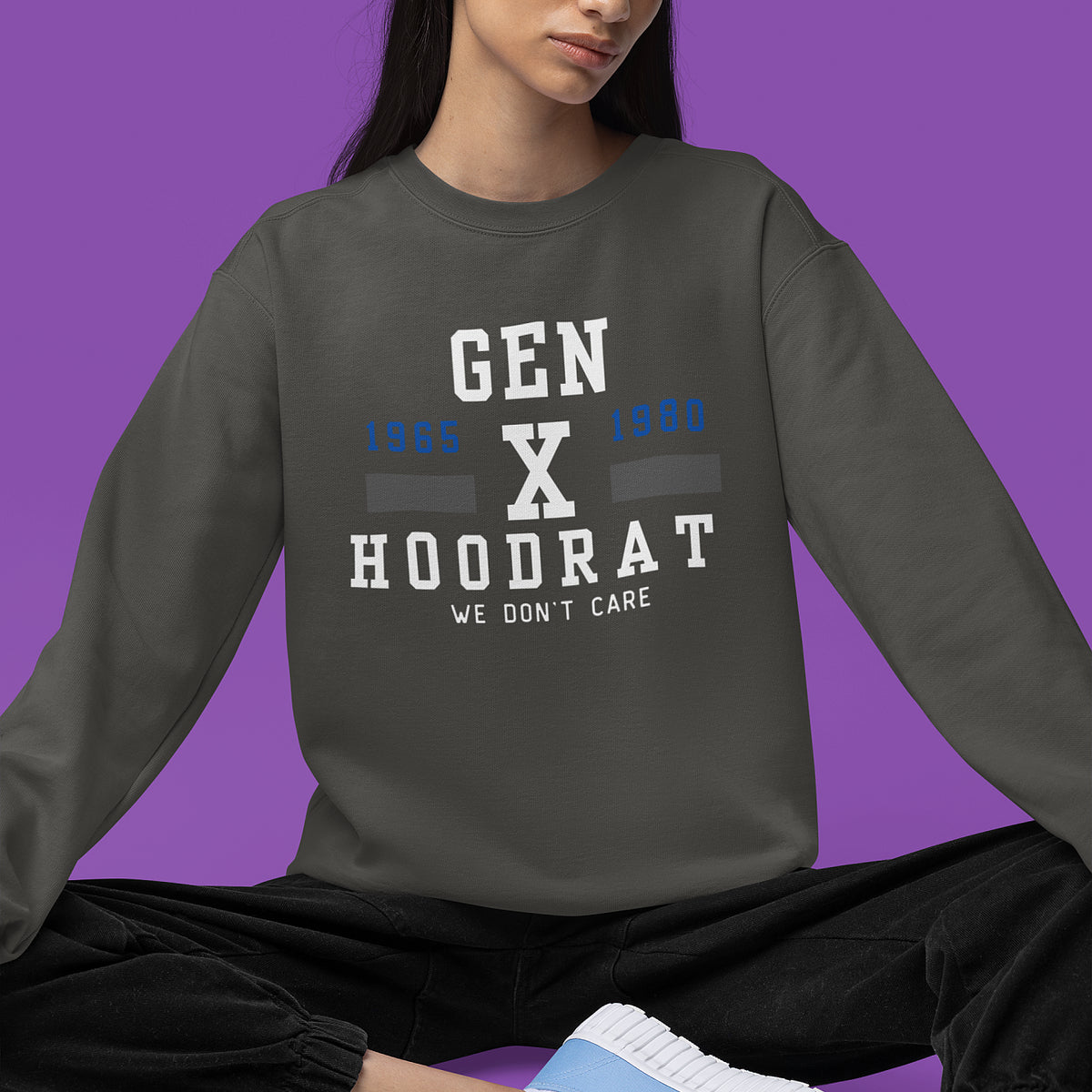 Vintage Black Gen X Hood Rat sweatshirt on female model