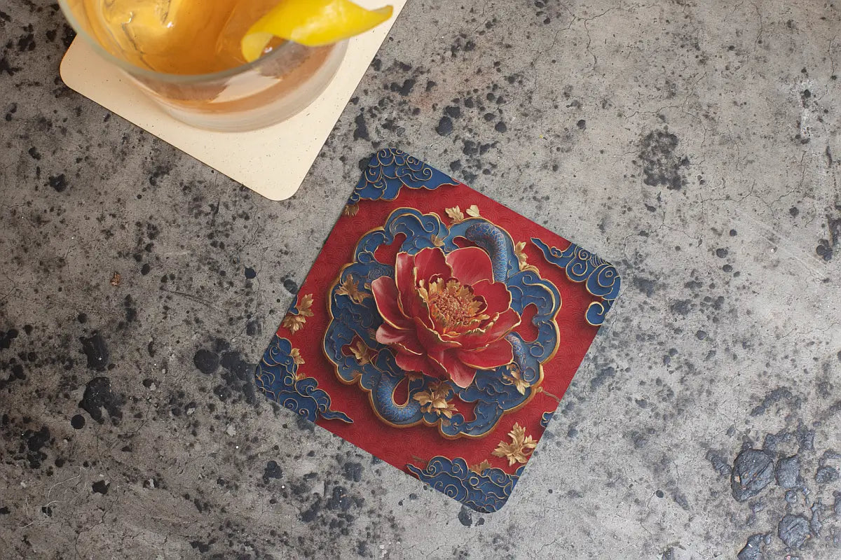 Oriental Peony Coaster on a concrete table with drink nearby