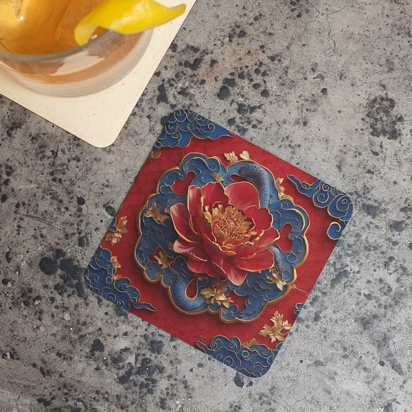 Oriental Peony Coaster on a concrete table with drink nearby