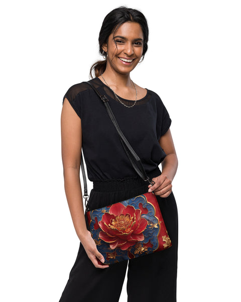 Woman wearing the Oriental Crossbody bag with shoulder strap