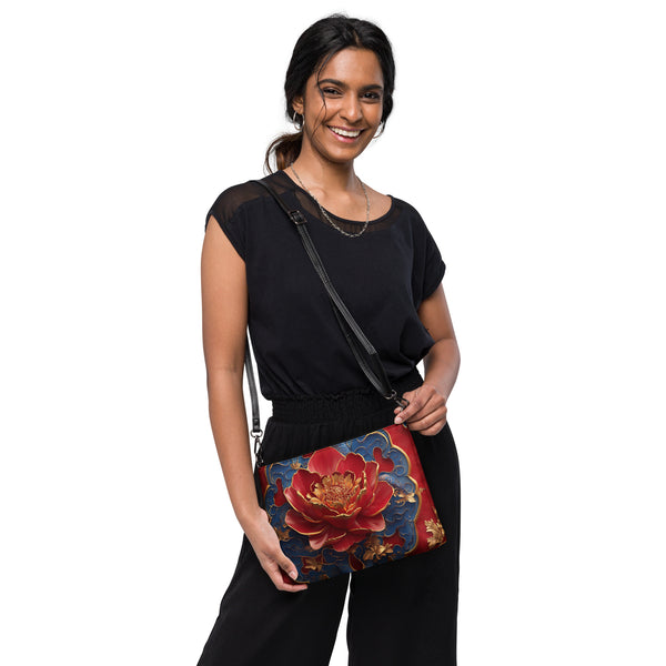 Woman wearing the Oriental Crossbody bag with shoulder strap