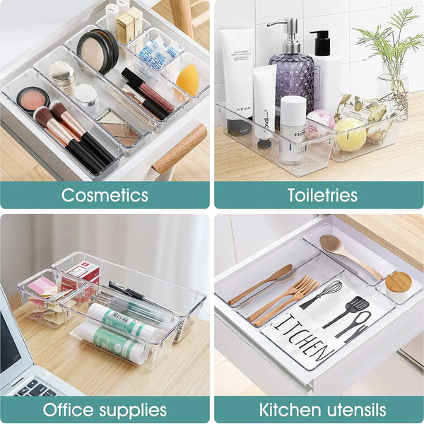 25-Piece Clear Plastic Drawer Organizer Set - Customizable & Versatile