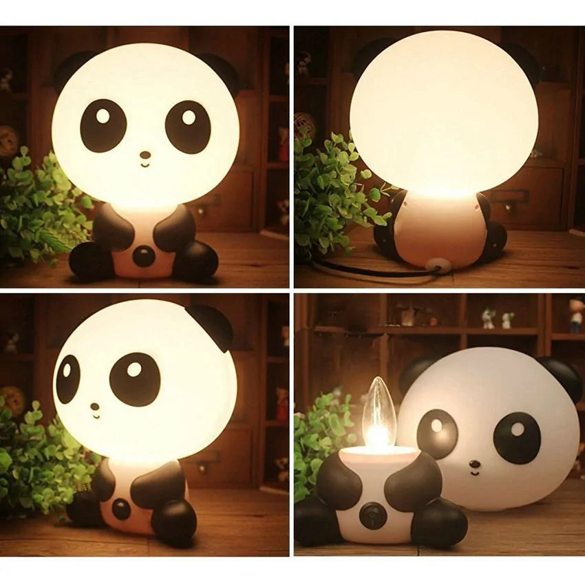 Panda light collage with the light on with a front view, back view, side view and with the top removed to show the bulb