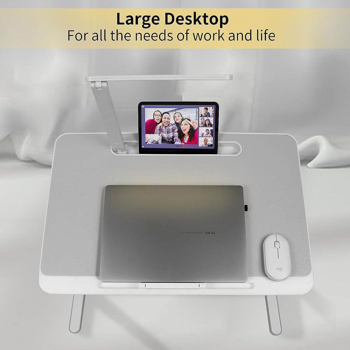 This portable laptop desk has a large worspace for your laptop and mouse, adjustable for height and angle so you can work comfortably.
