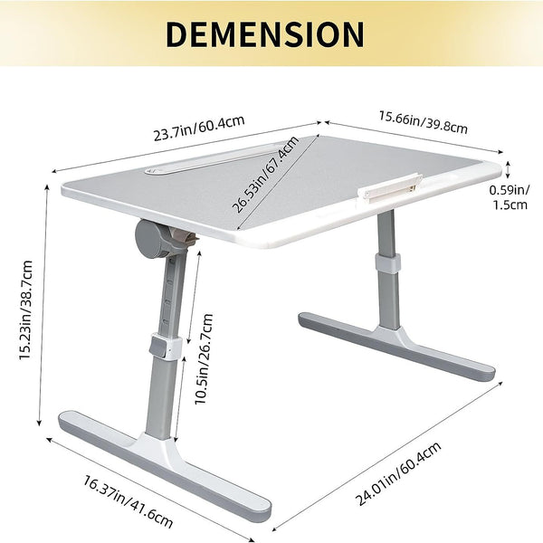 The portable laptop desk surface is approximately 24" wide, and the legs adjust up to 10.5" between the feet and table for a full height of 15.25 inches