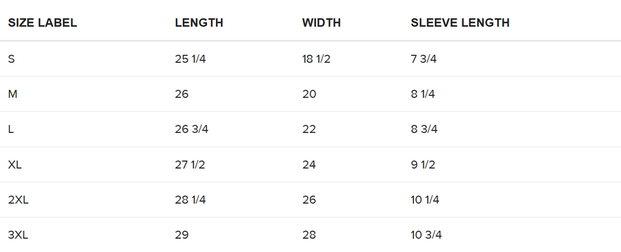 Size chart for the relaxed fit Tshirts