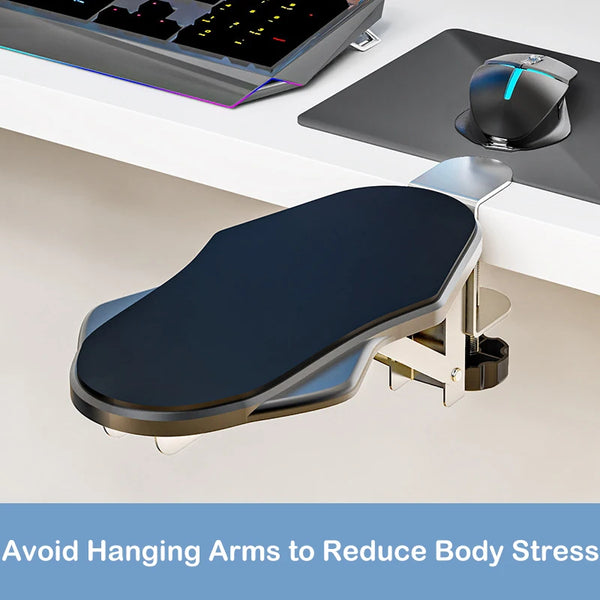 The S&P Desk Arm Rest shown clamped to the desk. Reduce stress for arms and shoulders during long work hours.