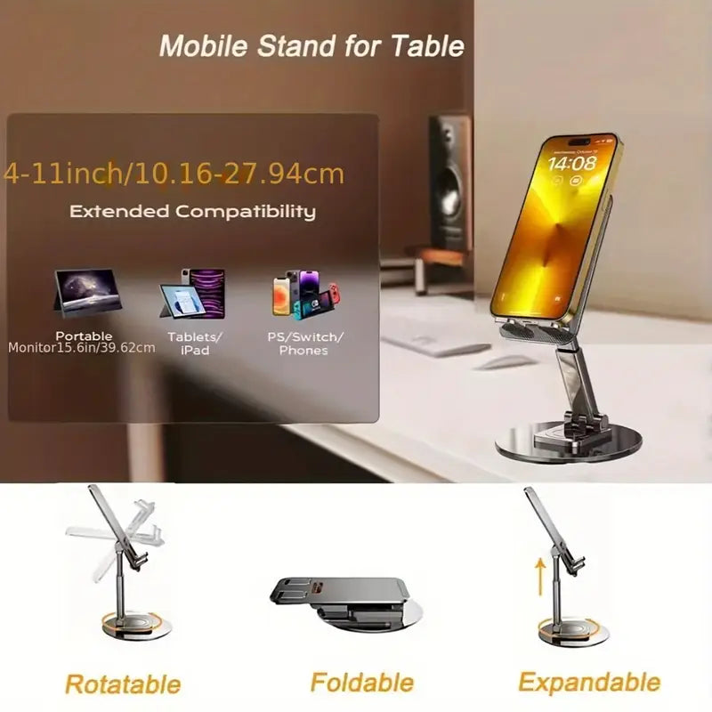 The S&P Phone stand is compatible with most cell phones, tablets and portable monitors nup to 15". The stand rotates and expands taller as well. Folds up for easy storage and portability.