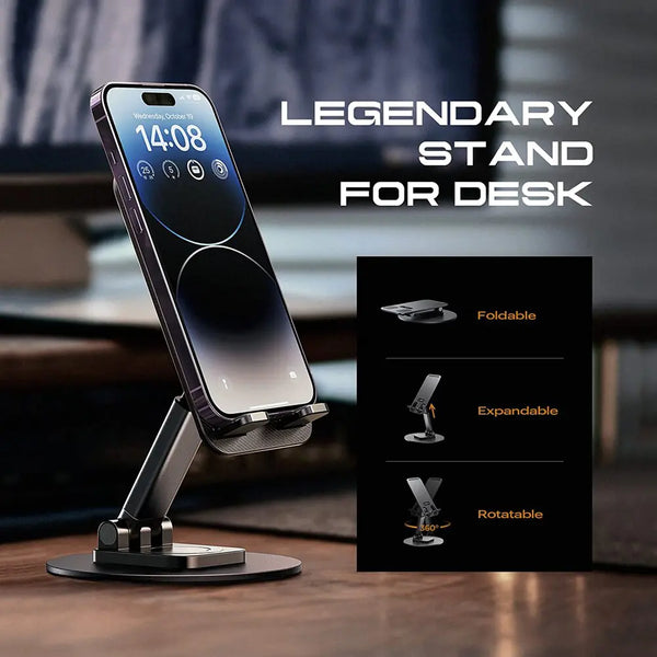 This phone stand is displayed on a desk. The S&P Phone stand folds for storing and portability, expands and rotates 360 degrees.