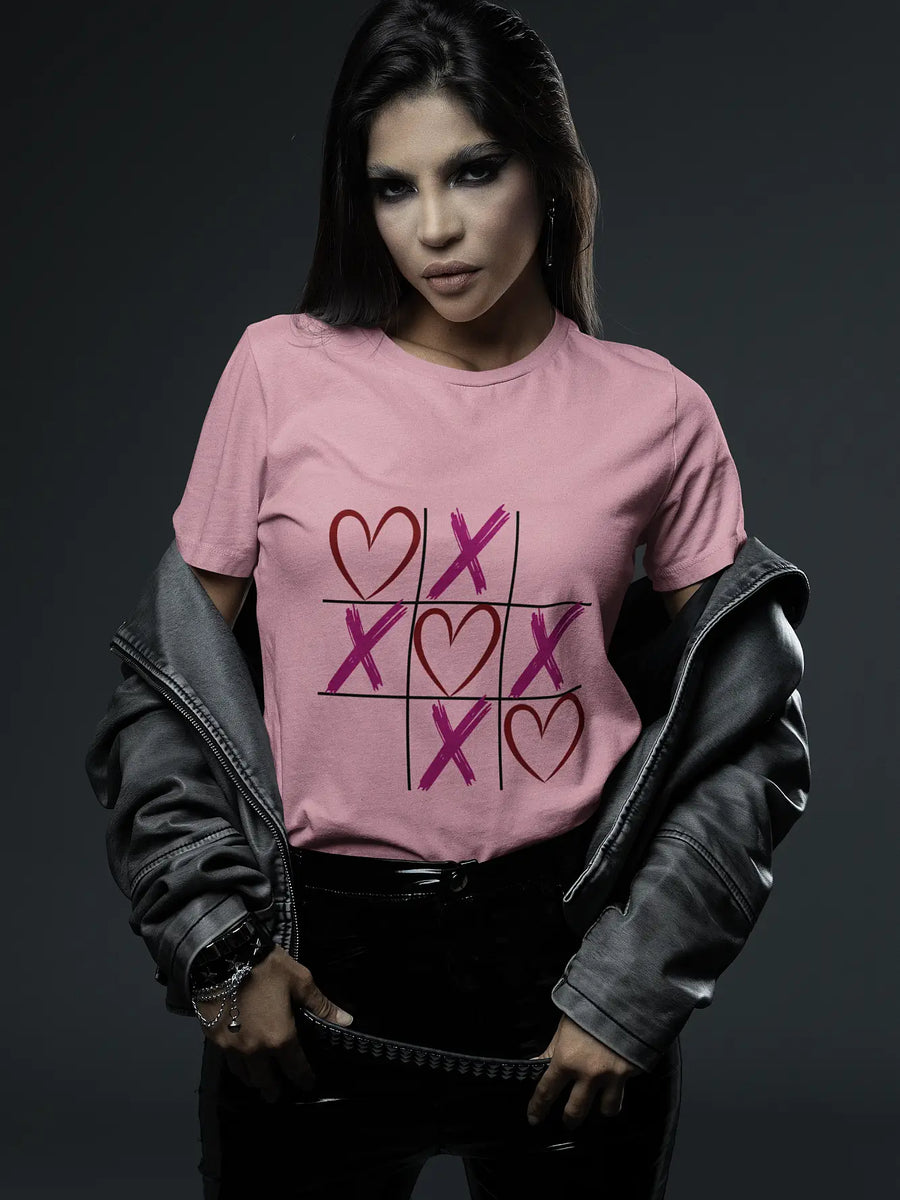 Tic Tac Hearts Tee on dark haired model